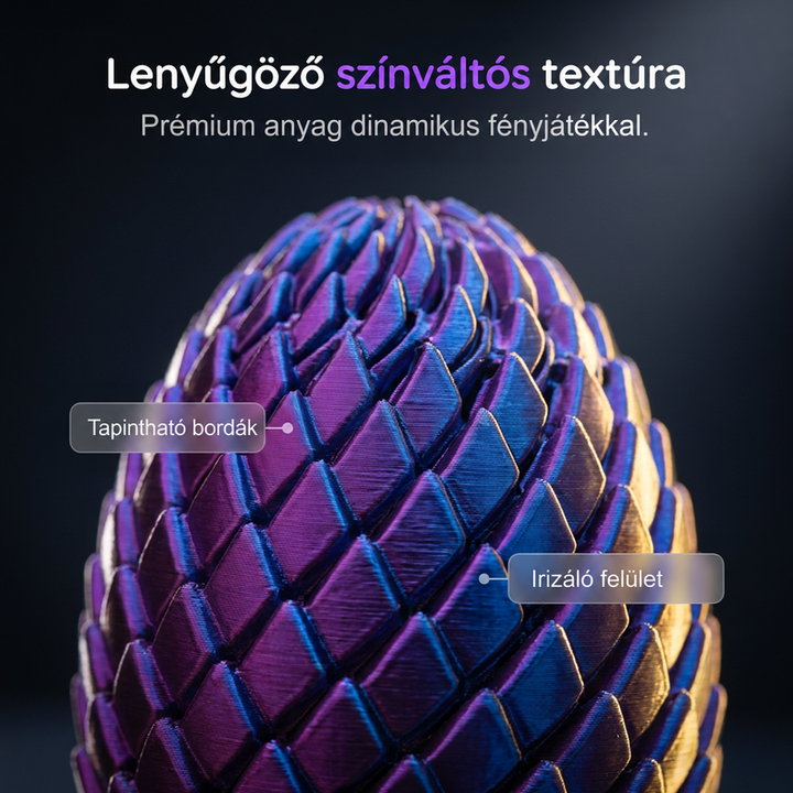 Közeli felvétel a lila-kék, irizáló pikkelyes felületről sötét háttér előtt, jól látszik a pikkelyek textúrája. 5