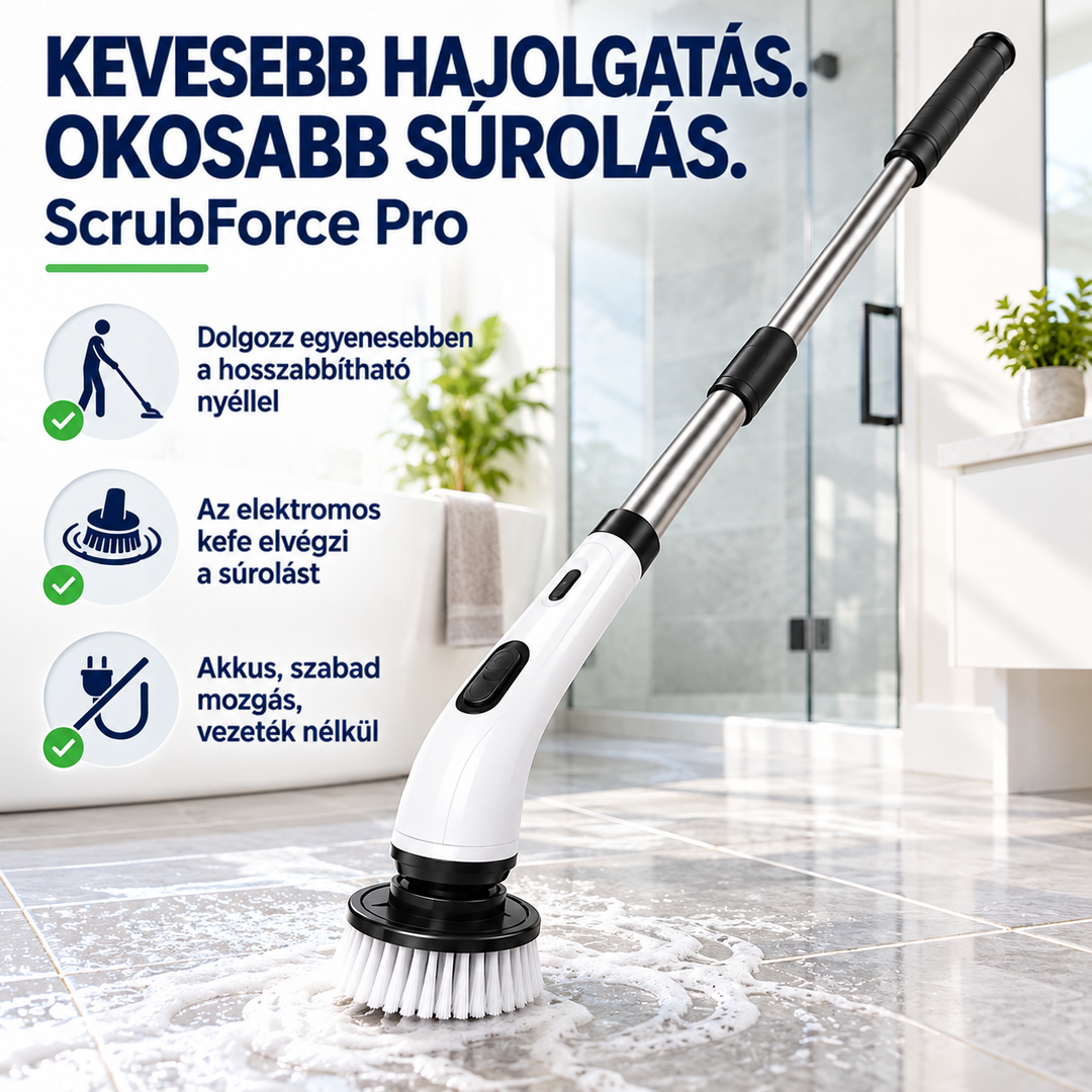 Fehér elektromos súrolókefe hosszú nyéllel habos fürdőszobai járólapon, a funkciókat bemutató ikonokkal 1
