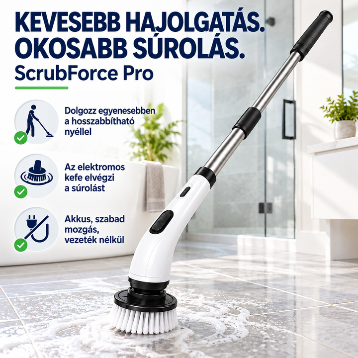 Fehér elektromos súrolókefe hosszú nyéllel habos fürdőszobai járólapon, a funkciókat bemutató ikonokkal 1