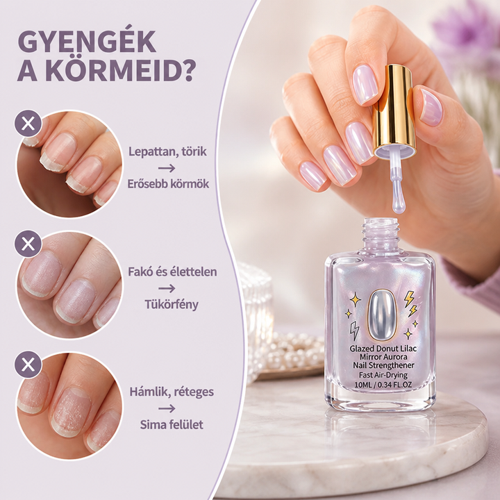 Kéz ecsetet emel ki az üvegből, mellette gyenge körmök közeli képei és a lakk hatásai 2