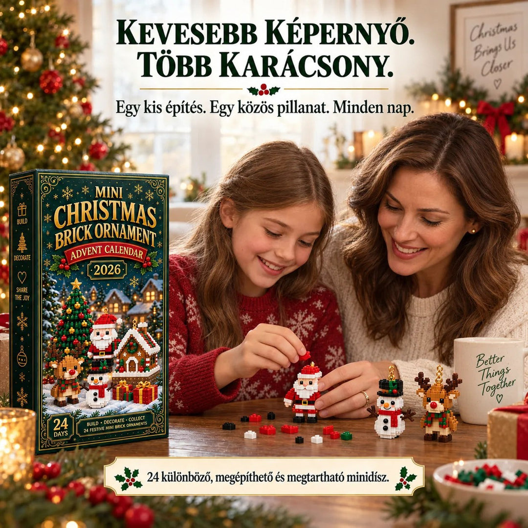 Anya és lánya mosolyogva építik a Mikulás-figurát az asztalon, mellettük a zöld dobozos adventi naptár és karácsonyfa. 1