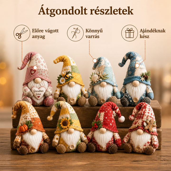 Nyolc különböző foltvarró gnóm két sorban, fa állványon, kalapjukon apró díszekkel 3