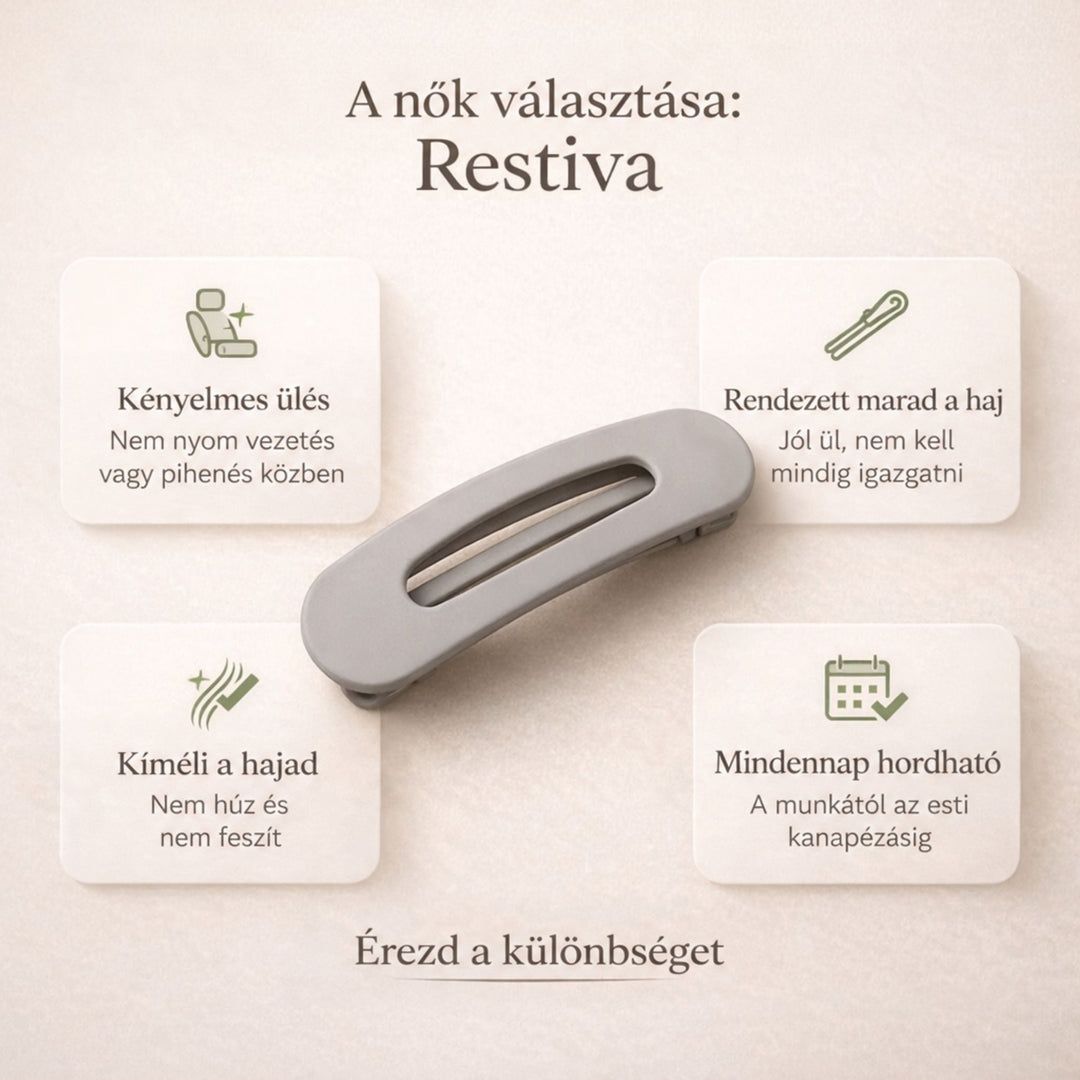 Szürke lapos hajcsat négy ikonos előnykártya között, krémszínű, tájékoztató grafikán 3