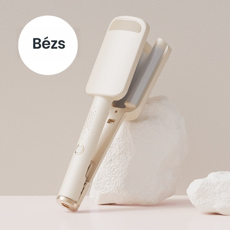 Bézs színű hullámosító vasaló fehér sziklának támasztva, bézs háttér előtt 4