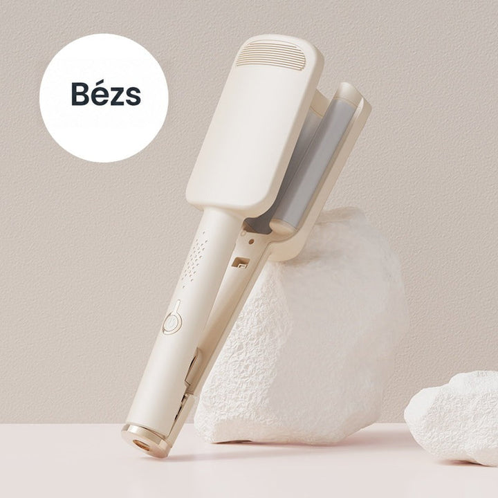 Bézs színű hullámosító vasaló fehér sziklának támasztva, bézs háttér előtt 4