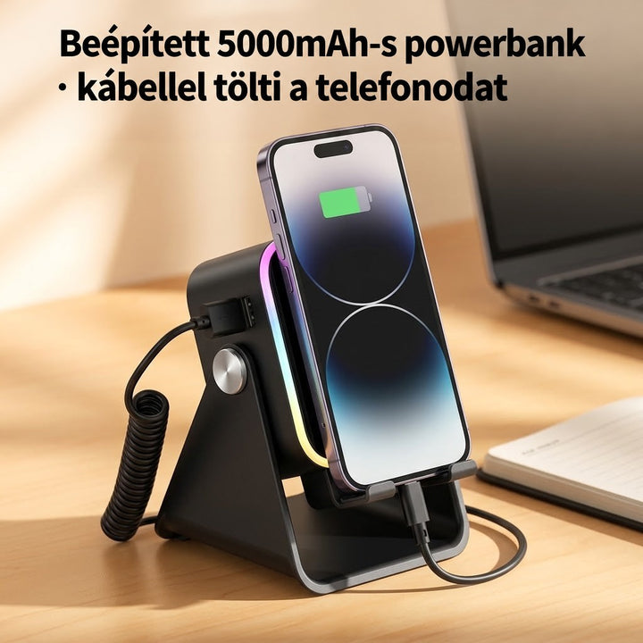 Fekete állvány töltés közben: spirálkábel köti a telefont a beépített külső akkumulátorhoz, asztalon laptop mellett 5