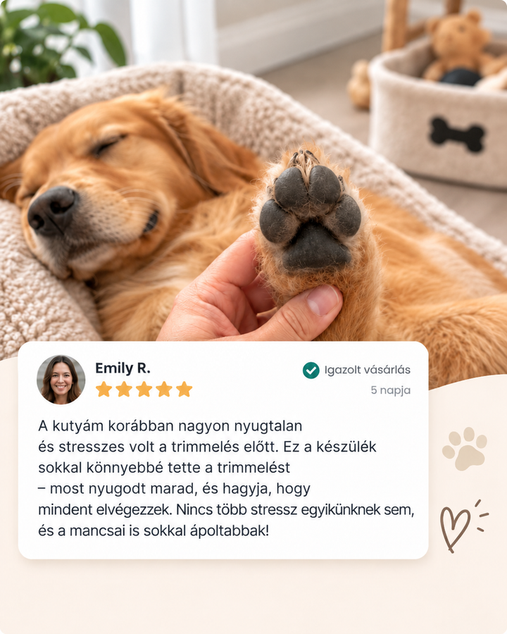 Alvó arany színű kutya párnán, felé nyújtott mancsát egy kéz tartja, alatta vásárlói vélemény 8
