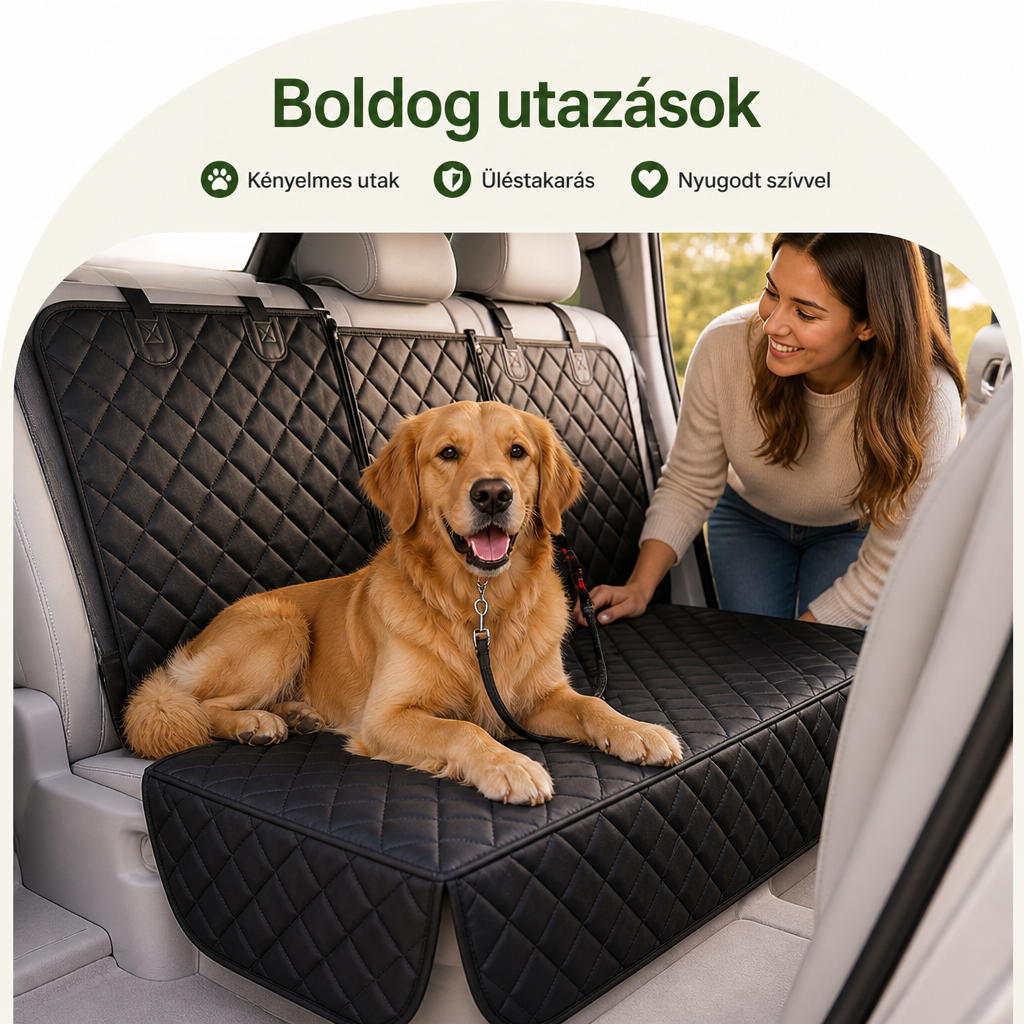 Mosolygó nő hajol a hátsó ülésen fekvő golden retriever felé, alattuk fekete steppelt üléshuzat borítja az ülést. 5