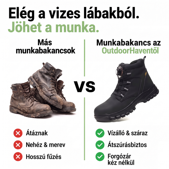 Összehasonlító kép: kopott, sáros barna munkacsizma bal oldalt, jobbra a fekete csavaros zárású csizma 4