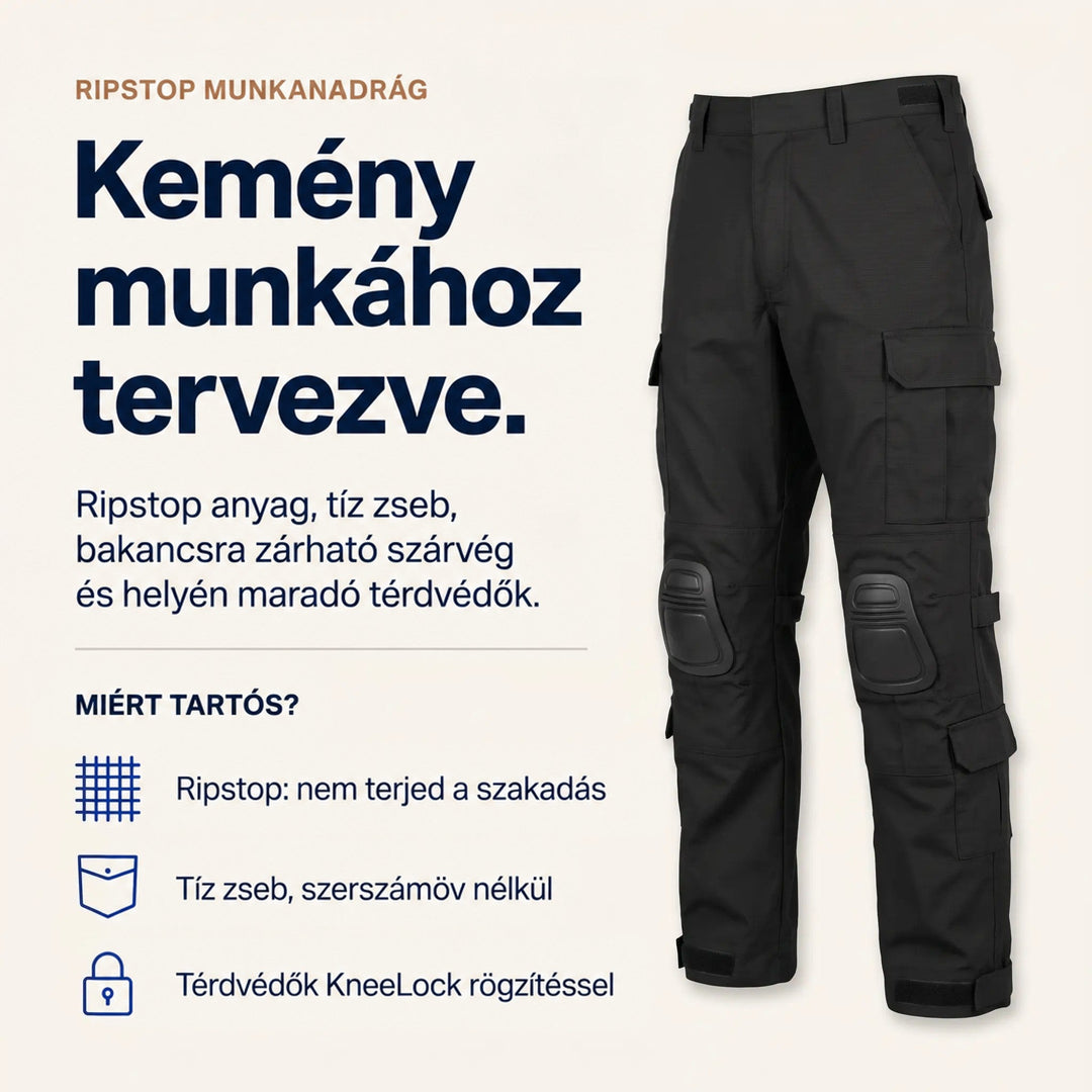 Fekete ripstop munkanadrág oldalról, mellette ikonos felsorolás a szakadásállóságról, a tíz zsebről és a térvédő rögzítéséről. 4