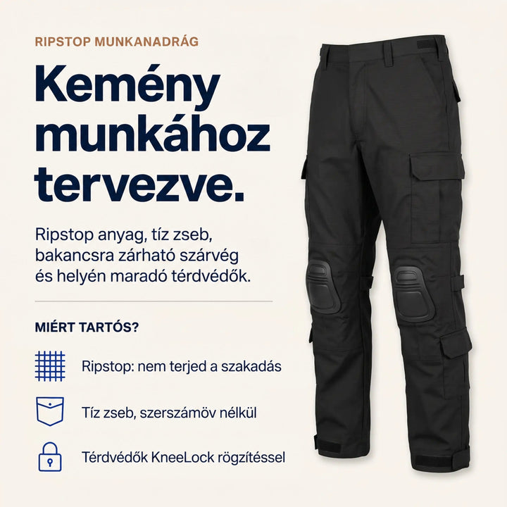 Fekete ripstop munkanadrág oldalról, mellette ikonos felsorolás a szakadásállóságról, a tíz zsebről és a térvédő rögzítéséről. 4