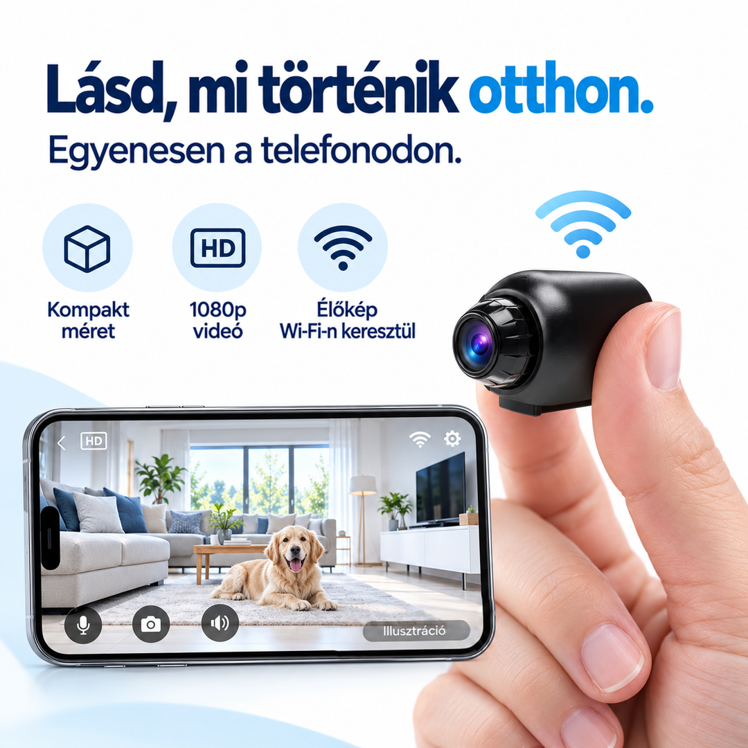 Fekete mini kamera két ujj között, mellette telefon élő képpel egy nappaliról és kutyáról 1