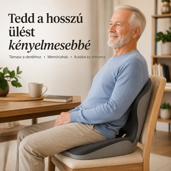 Ősz hajú férfi kék pulóverben ül egy faszéken, a háttámlás ülőpárnával a háta mögött 1