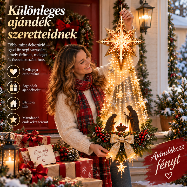 Mosolygó nő karjában tartja a világító betlehemi csillagdíszt, ajándékdobozok és téli veranda mellett 9