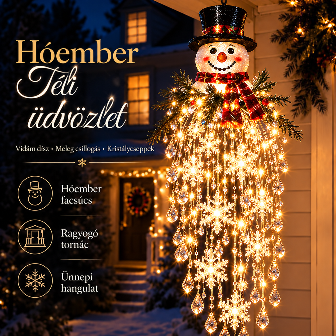 Hóemberfejes, kockás sálas függődísz meleg fehér fényekkel, hópelyhekkel és kristálycseppekkel a ház bejáratánál 5