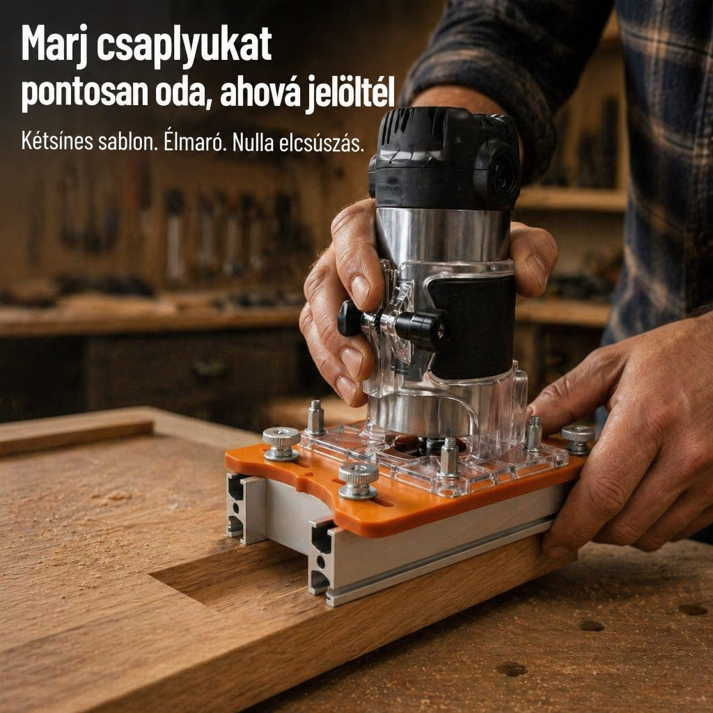 Műhelyben egy kézpár tölgydeszkán vezeti a narancssárga sablonra szerelt szegélymarót, amely két alumínium sínen fut. 1