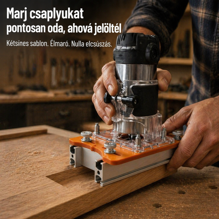 Műhelyben egy kézpár tölgydeszkán vezeti a narancssárga sablonra szerelt szegélymarót, amely két alumínium sínen fut. 1