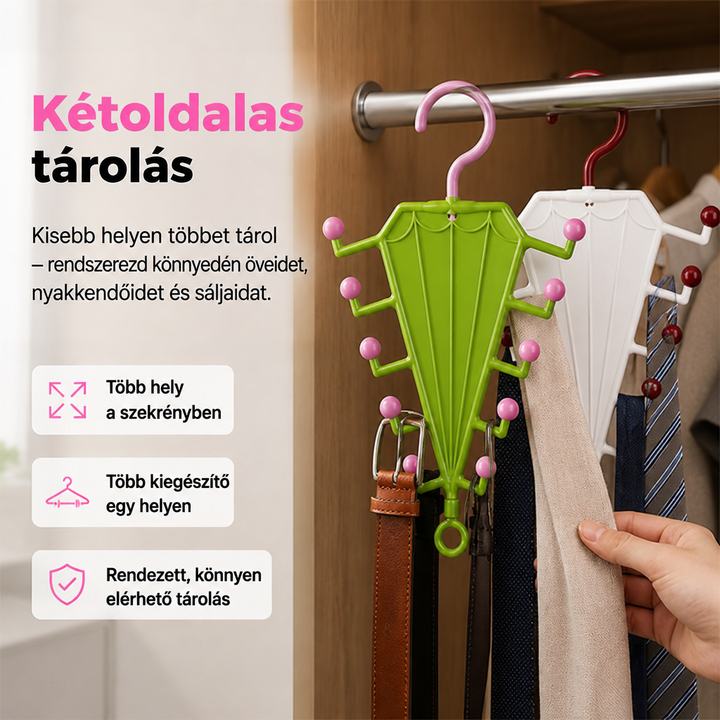 Zöld és fehér esernyő alakú akasztó szekrényrúdon, övekkel, nyakkendőkkel és sállal, kéz nyúl az egyikért 1