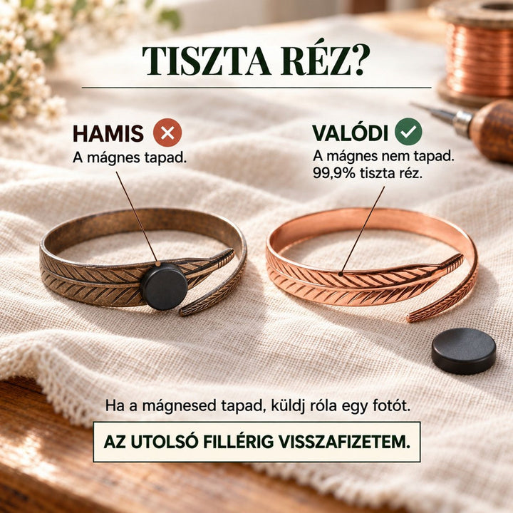 Két tollmintás karkötő összehasonlítása, a sötétebbhez mágnes tapad, a rézszínűhez nem; magyarázó szöveges grafika 3