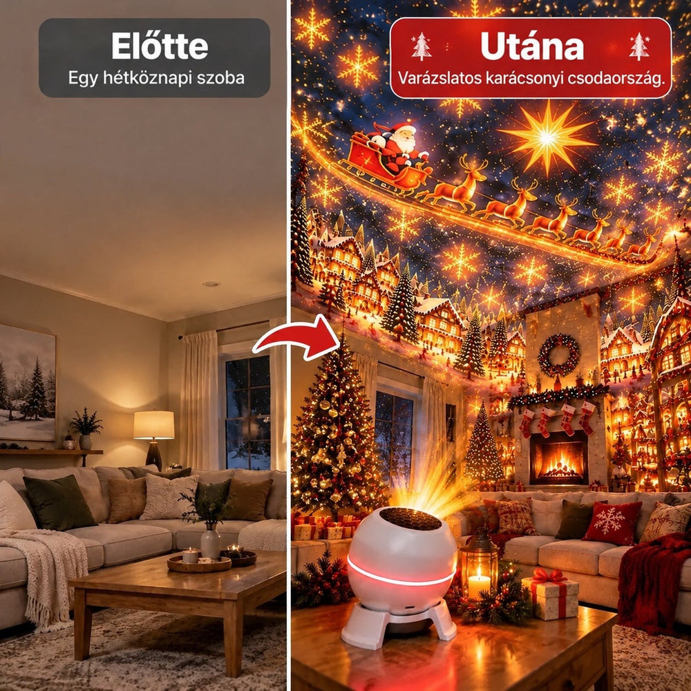 Előtte-utána összehasonlítás: egy hétköznapi nappali, mellette ugyanaz a szoba a projektor fényeitől ünnepi hangulatban 2