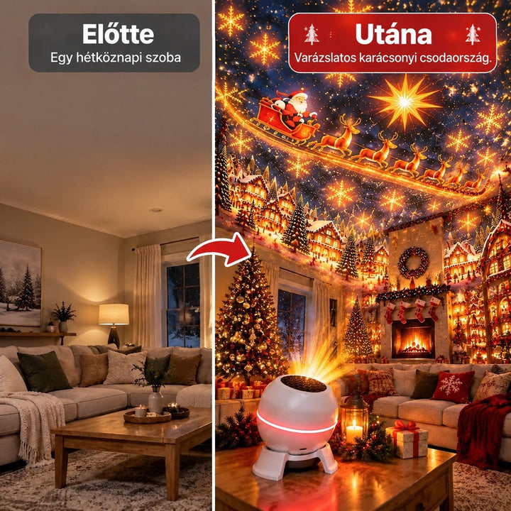 Előtte-utána összehasonlítás: egy hétköznapi nappali, mellette ugyanaz a szoba a projektor fényeitől ünnepi hangulatban 2