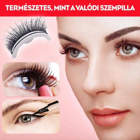 Természetes hatású műszempilla közelről, modell arca, a pilla felhelyezése és szemhéjtus húzása kis képeken. 4