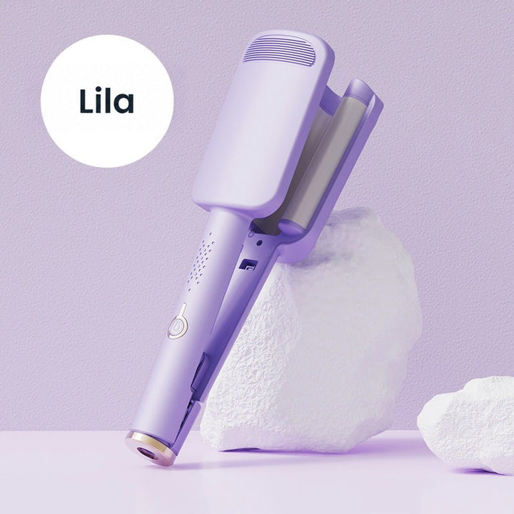 Lila hullámosító vasaló fehér sziklának támasztva, lila háttér előtt 11