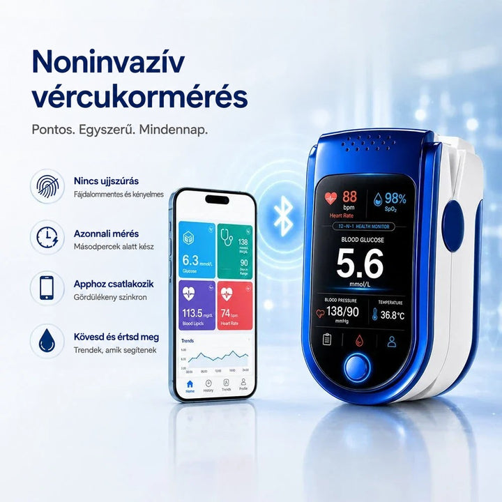 A mérő és egy okostelefon mobilalkalmazása Bluetooth jellel összekötve, a telefonon vércukor- és pulzusadatok láthatók. 10
