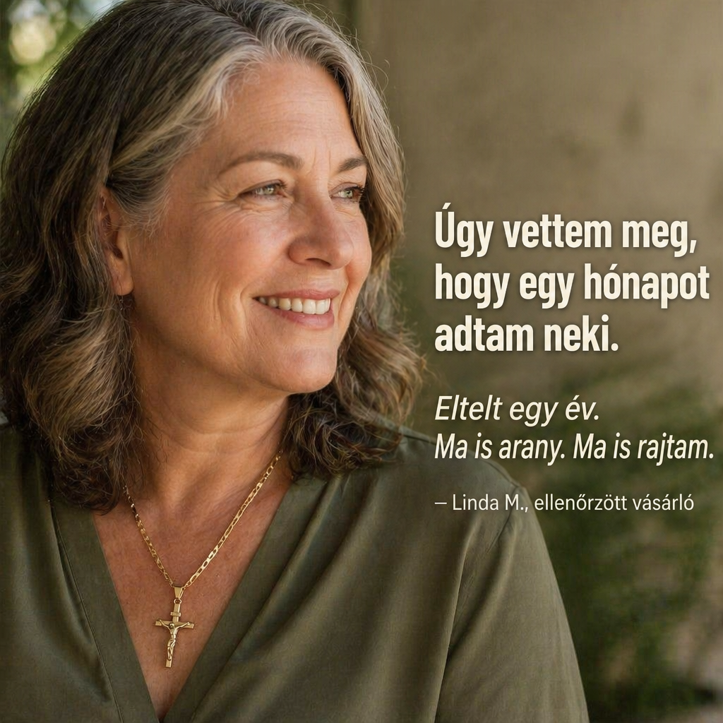 Mosolyozó, ősz hajú nő zöld blúzban, nyakában aranyszínű feszületes Figaro lánccal 7
