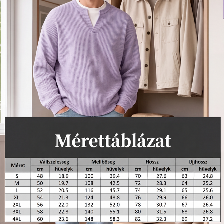 Lila gofrimintás felsőt viselő férfi szekrény előtt, alatta méretezési táblázat vállszélességgel, mellbőséggel, hosszal és ujjhosszal. 8