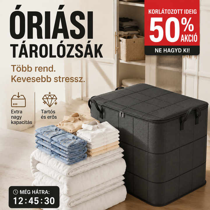 Zárt fekete tárolótáska a szekrény mellett, előtte összehajtott farmerek, ingek és fehér paplanok halma. 4