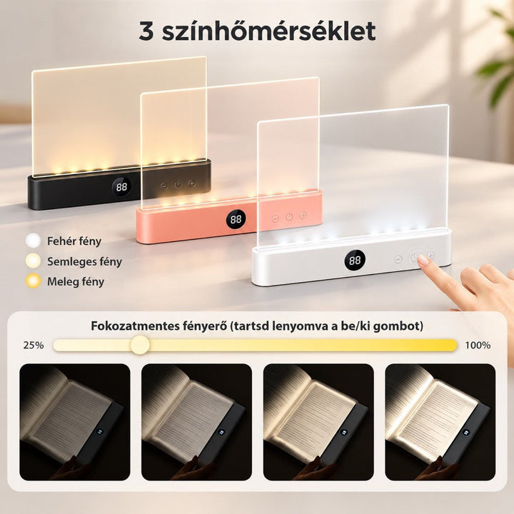 Három lámpa fekete, korallszínű és fehér talppal, három fényszínnel és fényerő-szabályozás példákkal 12