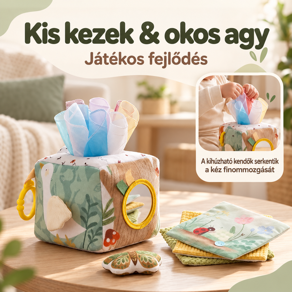 Kocka a dohányzóasztalon, kisbaba keze éppen kihúz egy színes kendőt a nyílásból 2