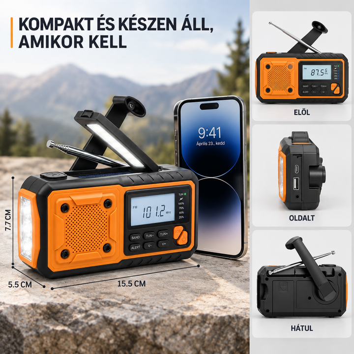 A rádió egy telefon mellett, a méretekkel, valamint elöl, oldalt és hátul bemutatva 3