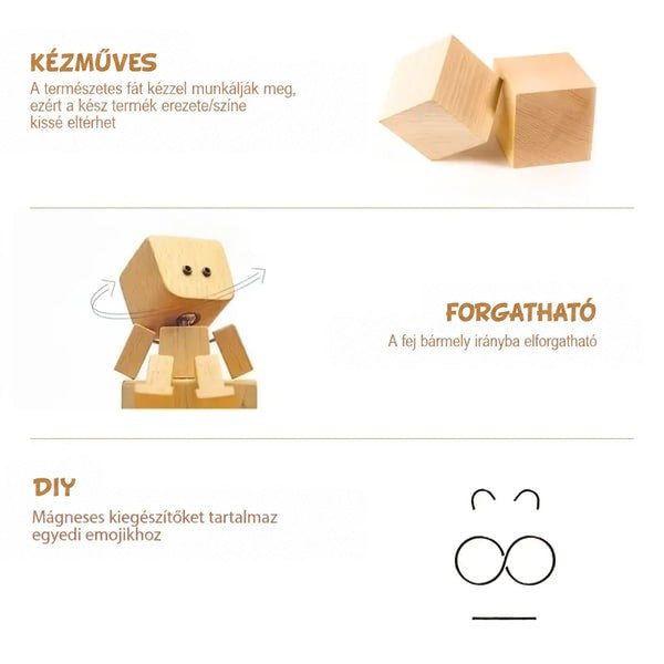 Tájékoztató kép a kézzel készített natúr fa kockákról, a forgatható fejről és a cserélhető mágneses arcrészekről. 3