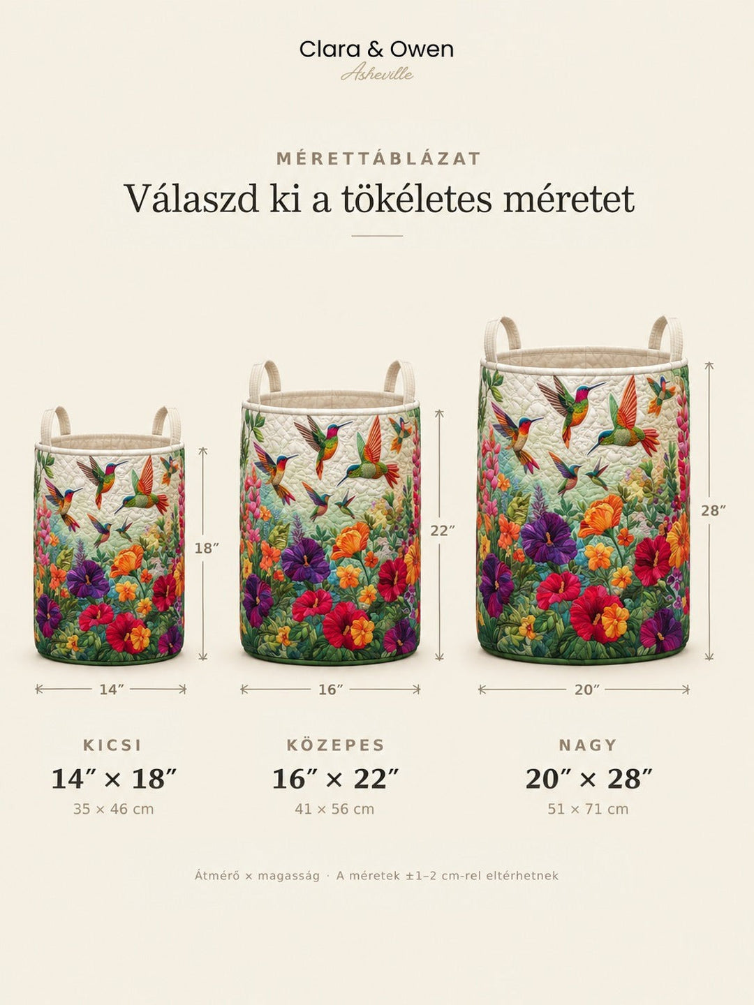 Méretezési táblázat: a kosár három változata, kicsi, közepes és nagy, a magasság és az átmérő jelölésével, vászon fülekkel. 5