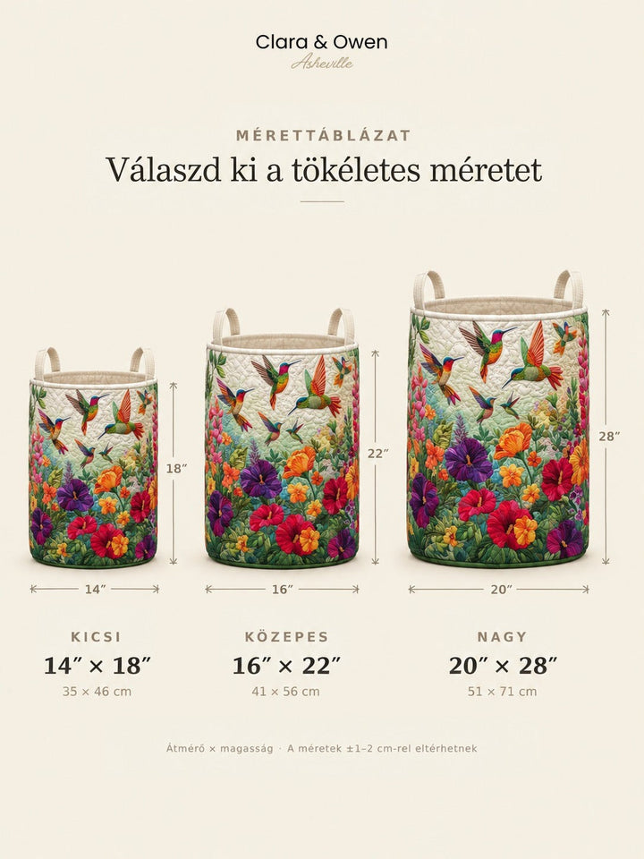 Méretezési táblázat: a kosár három változata, kicsi, közepes és nagy, a magasság és az átmérő jelölésével, vászon fülekkel. 5