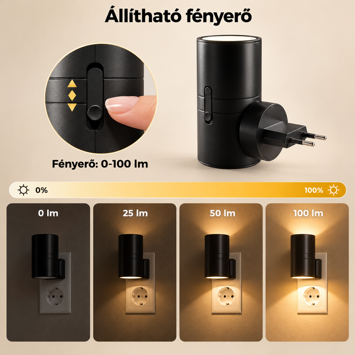 Fekete lámpa fényerő-csúszkával, alatta négy kép a fényerő fokozatairól a leggyengébbtől a legerősebbig 7