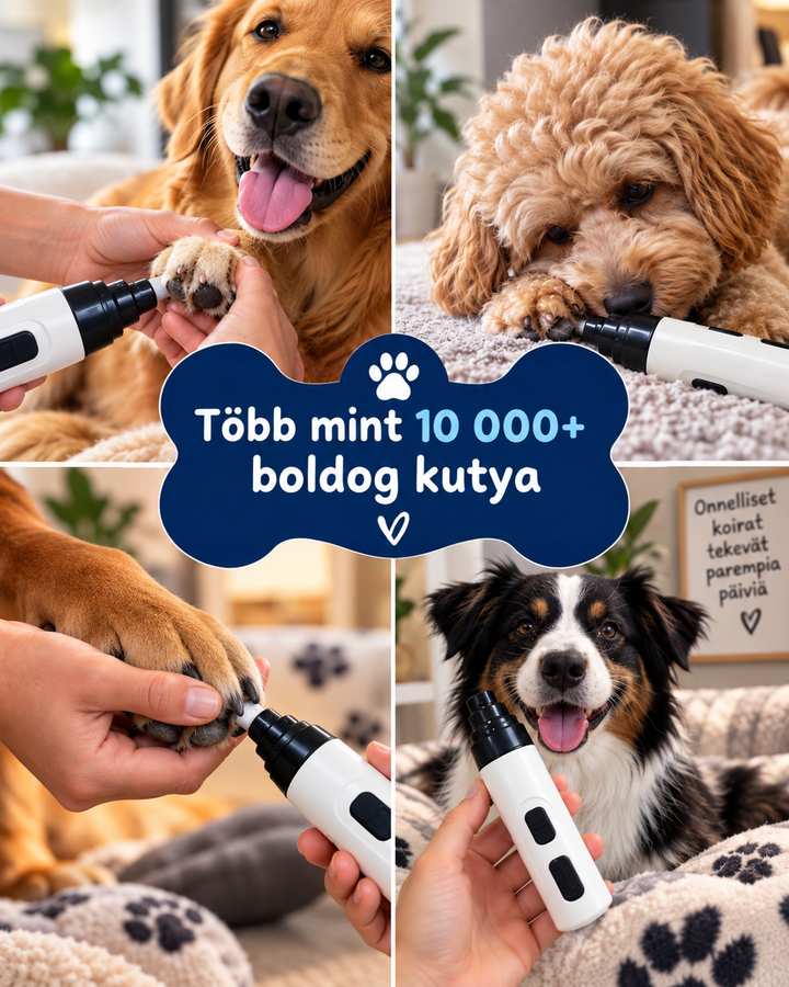 Négyképes kollázs különböző fajtájú kutyákról, amint mancsukat csiszolóval ápolják 10