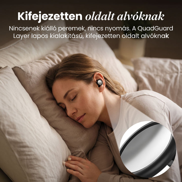 Oldalt fekvő nő alszik a fülében a füldugóval, a lapos külső felület nagyított körben látszik. 7
