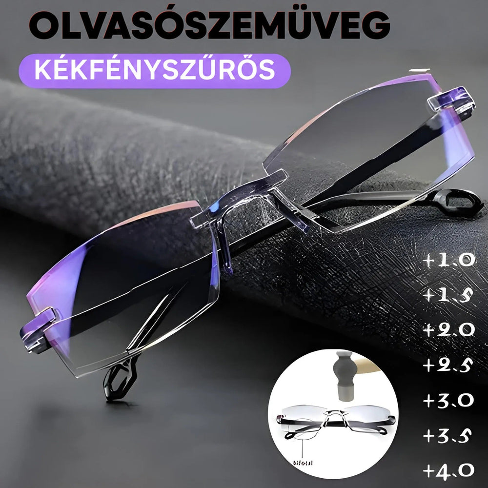 Keret nélküli szemüveg fekete textilhengeren, kékes-lilás lencsefényekkel, a sarokban kis kép a kétfókuszú lencséről és az erősségek sora. 2