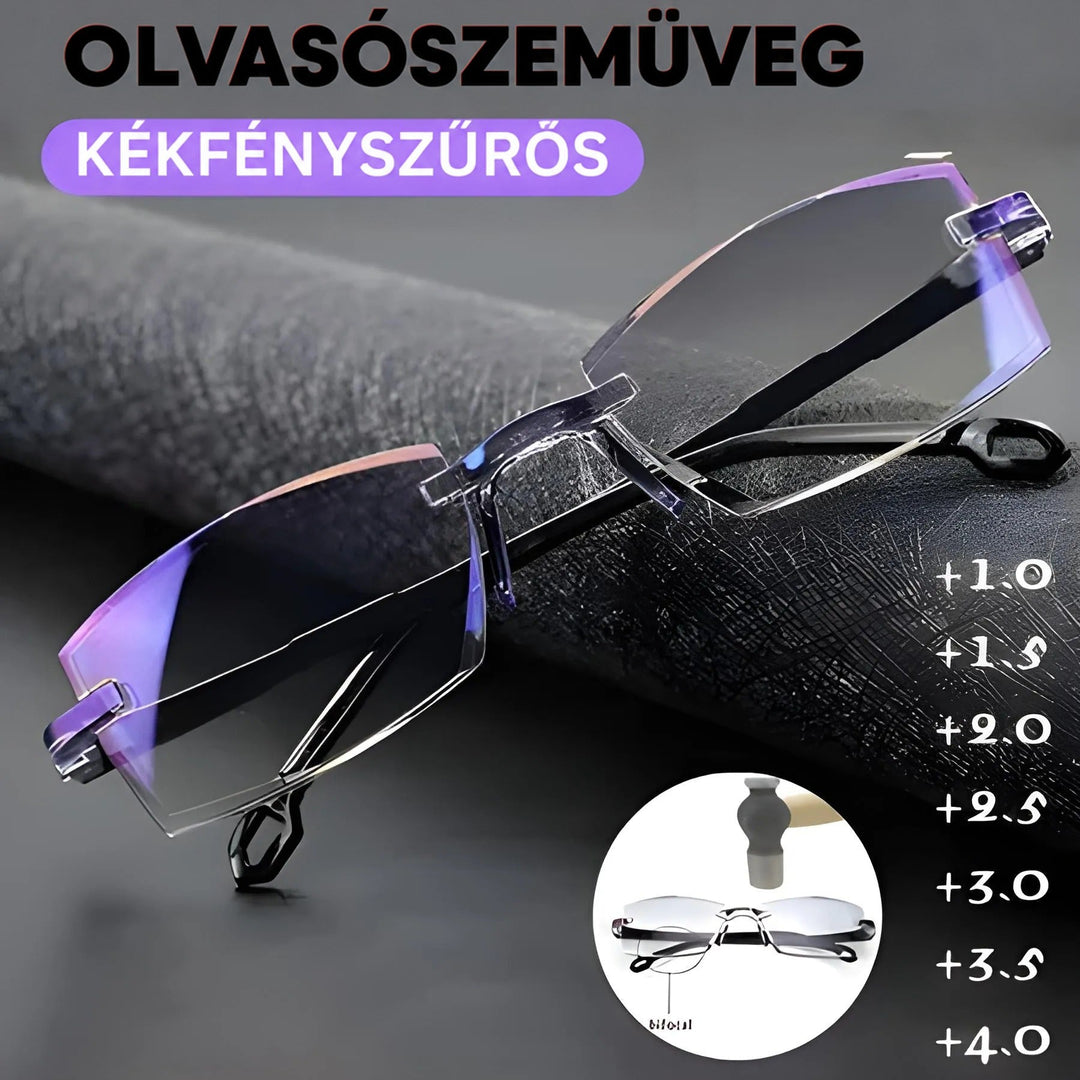 Keret nélküli szemüveg fekete textilhengeren, kékes-lilás lencsefényekkel, a sarokban kis kép a kétfókuszú lencséről és az erősségek sora. 2