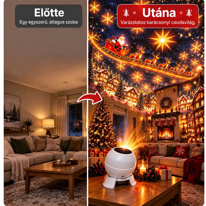 Előtte-utána összehasonlítás: balra egy hétköznapi nappali, jobbra ugyanaz a szoba a projektor karácsonyi fényképeivel. 3