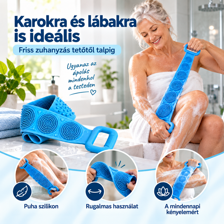 Törölközős nő a kék szilikon pánttal a lábát mossa, kis képeken kar és láb használat 6