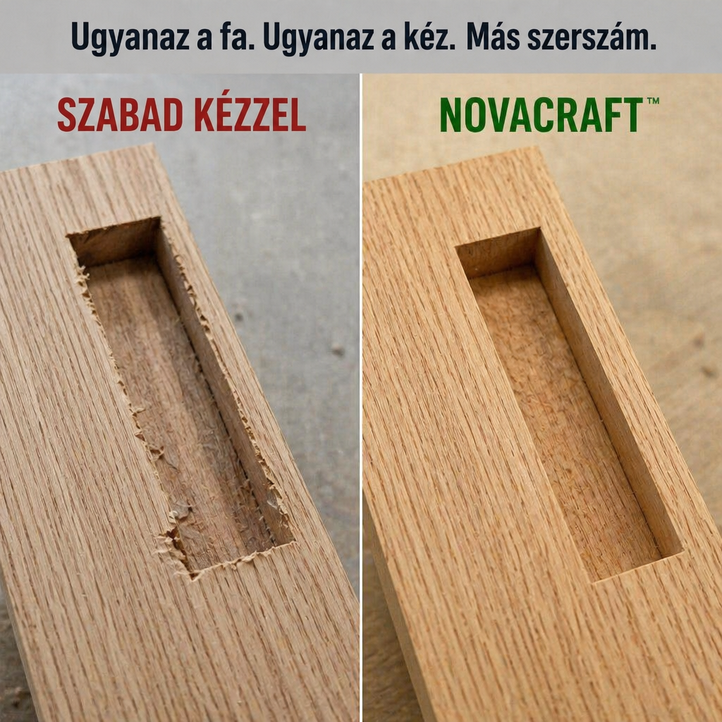 Két tölgyléc összehasonlítva: balra szabadkézzel vágott, kiszakadozott szélű nút, jobbra a sablonnal vágott tiszta, éles falú nút. 5