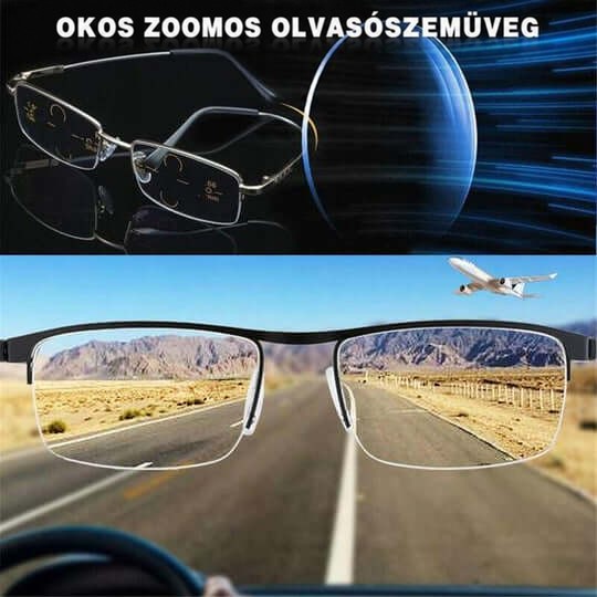 Kétrészes kép: fent a szemüveg és egy lencsemetszet, lent a lencséken át éles kilátás egy országútra és repülőre. 6