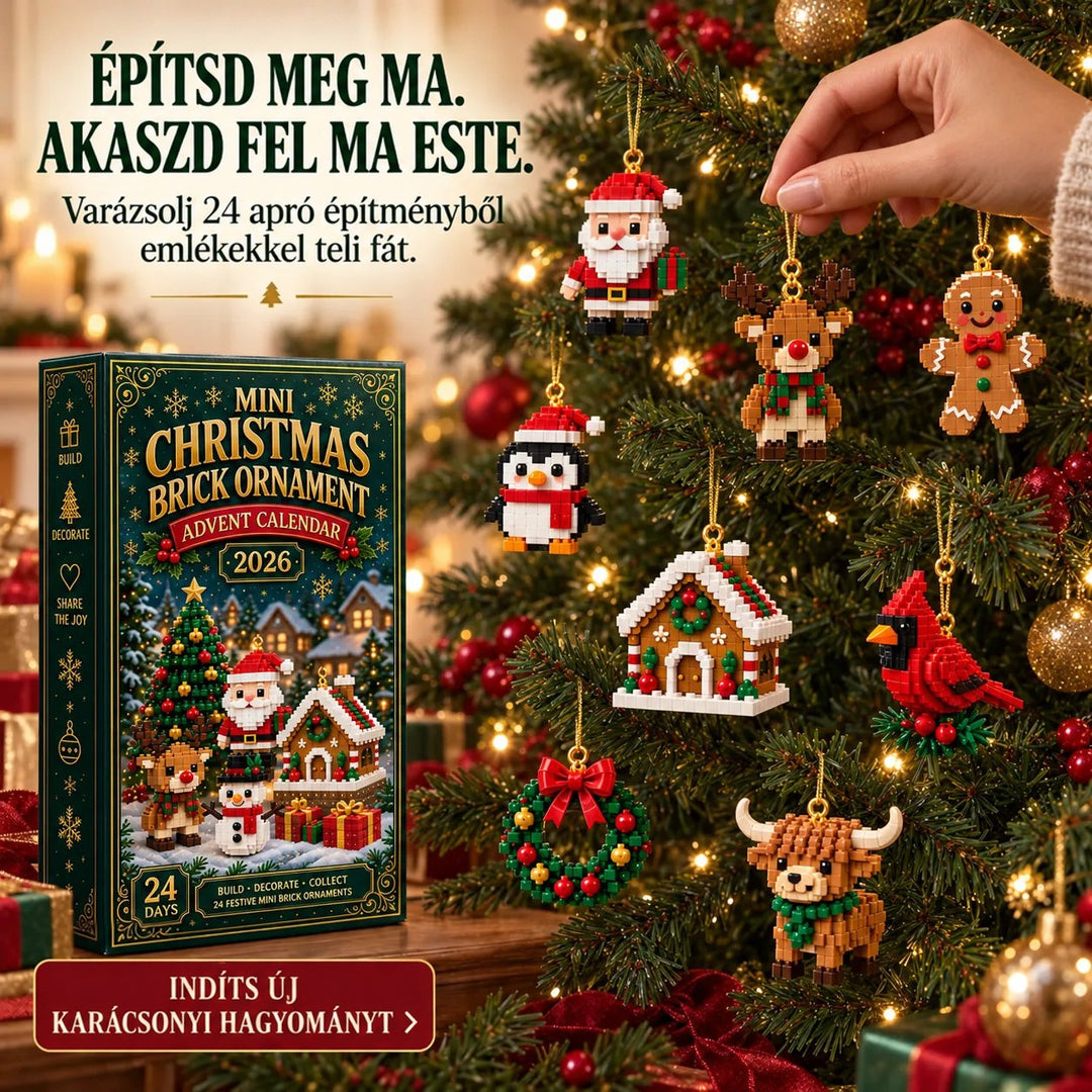 Női kéz akaszt egy építőkocka-díszt a karácsonyfára, körülötte Mikulás, pingvin, mézeskalács-ház, kardinálismadár és hegyi tehén. 7