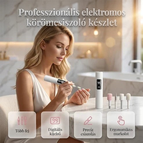 Szőke nő fürdőszobában használja a fehér körömápoló készüléket, mellette a négy cserélhető fej 1
