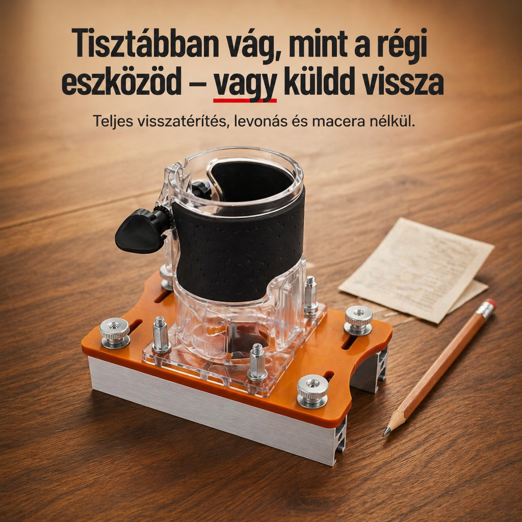 A sablon a rá szerelt szegélymaróval egy fa asztalon, mellette ceruza és egy összehajtott papírlap. 9