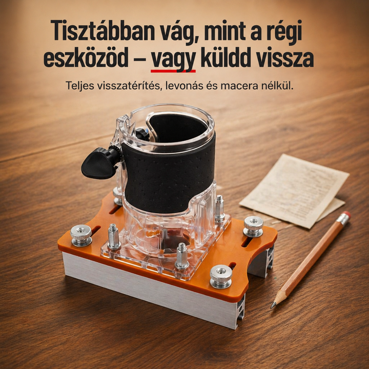 A sablon a rá szerelt szegélymaróval egy fa asztalon, mellette ceruza és egy összehajtott papírlap. 9